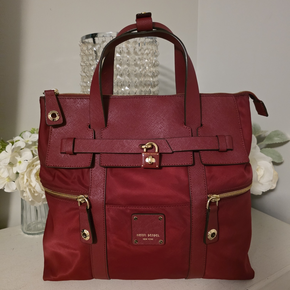 Henri Bendel Red Backpack with Gold Accents